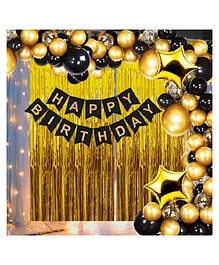 Bubble Trouble Happy Birthday Decoration Kit  Combo with 1 Pc Black Banner 1 Pc Arch 20 Pcs Black & 20 Pcs Gold Balloons 4 Pcs Gold Confetti Balloons for Kids Birthday Decoration Items - Pack of 51