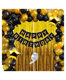 Bubble Trouble Happy Birthday Decoration Kit Combo with 1 Pc Black Banner 1 Pc Arch 20 Pcs Black & 20 Pcs Gold Balloons 4 Pcs Gold Confetti Balloons for Kids Birthday Decoration Items - Pack of 52