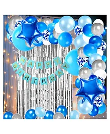 Bubble Trouble Happy Birthday Decoration Kit  Combo with 1 Pc Blue Banner 1 pc Glue Dot 1 Pc Silver Fringe Curtain for Kids Birthday Decoration Items - Pack of 63