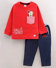 Brats And Dolls Full Sleeves Tee & Trouser Bear Embroidery - Red Dark Blue