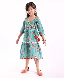 Teentaare Cotton Woven Three Fourth Sleeves Ethnic Dress Floral Print - Turquoise Pink