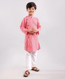 Teentaare Cotton Woven Full Sleeves Kurta & Pajama Set Ethnic Print - Pink