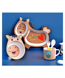 Vellique Cartoon Animal Horse Shaped Bamboo Dinnerware Mealtime Plate and Bowl Set for Kids Toddler Plate Bowl Cup Spoon Fork Eco Friendly Non Toxic Feeding Baby Utensil Set of 5 Pcs - Multicolor