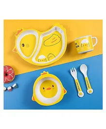 Vellique Cartoon Animal Chicken Bamboo Fiber Dinnerware Plate and Bowl Set for Kids Toddler Plate Bowl Cup Spoon Fork Eco Friendly Non Toxic Self Feeding Baby Utensil Set of 5 Pcs - Multicolor