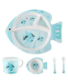 Vellique Cartoon Animal Fish Bamboo Fiber Dinnerware Plate and Bowl Set for Kids Toddler Plate Bowl Cup Spoon Fork Eco Friendly Non Toxic Self Feeding Baby Utensil Set of 5 Pcs - Multicolor