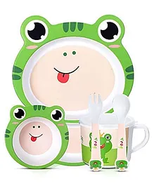 Vellique Cartoon Animal Frog Bamboo Fiber Dinnerware Plate and Bowl Set for Kids Toddler Plate Bowl Cup Spoon Fork Eco Friendly Non Toxic Self Feeding Baby Utensil Set of 5 Pcs - Multicolor