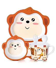 Vellique Cartoon Animal Monkey Bamboo Fiber Dinnerware Plate and Bowl Set for Kids Toddler Plate Bowl Cup Spoon Fork Eco Friendly Non Toxic Self Feeding Baby Utensil Set of 5 Pcs - Multicolor