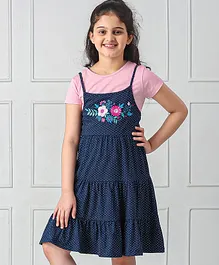 Hola Bonita Polka Dot Dress With Embroidery On The Yoke And A Solid Tee - Navy Blue