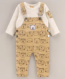 Wow Clothes Full Sleeves Tee & Dungarees Set Lion Print - Brown