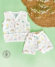 A Toddler Thing Sleeveless Abstract Contemporary Shapes Printed Jhabla With Coordinating Shorts - White