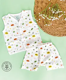 A Toddler Thing Organic Muslin Sleeveless Wild Forest Printed Jhabla & Shorts Set - White & Orange