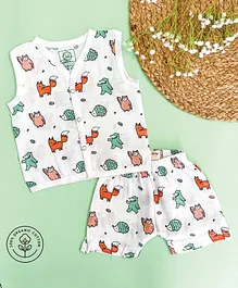 A Toddler Thing Sleeveless All Over Jungle Animals Print Jhabla With Shorts - White