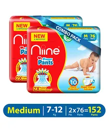 Niine Baby Diaper Pants MediumM Size 7-12 KG Pack of 2 152 Pants for Overnight Protection with Rash Control