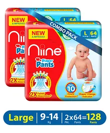 Niine Baby Diaper Pants LargeL Size 9-14 KG Pack of 2  for Overnight Protection with Rash Control - 128 Pants