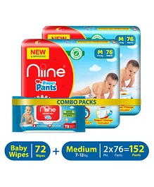 Niine Combo of Baby Diaper Pants MediumM Size 7-12KG 152 Pants and Biodegradable Baby Wipes with lid 72 Wipes