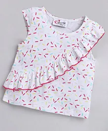 M'andy Cap Sleeves Donut Confetti All Over Printed Frill Top - White