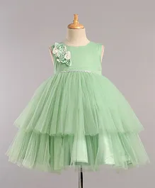 Bluebell Sleeveless Party Frock With Floral Detailing  - Green