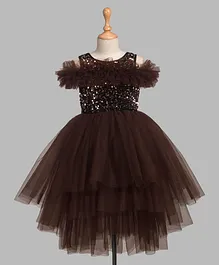 Toy Balloon Cold Shoulder Half Sleeves Sequins Embellished Tulle Detail High Low Dress - Brown