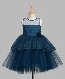 Toy Balloon Sleeveless Embellished Flower Applique Dress - Teal Blue