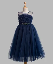 Toy Balloon Sleeveless Sequins Embellished Ruffle Detail Gown - Navy Blue