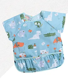 Polka Tots Half Sleeves Baby Bibs For Toddlers Feeding With Pocket Washable Reusable Baby Drooling Apron Animal Design- Blue