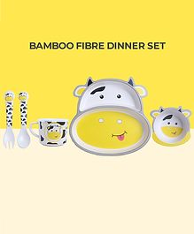 POLKA TOTS Eco Friendly Bamboo Fiber Kids Crockery Set Having 5 Pieces Dinner Set Cow Theme- White & Yellow