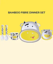 Polka Tots Bamboo Fiber Kids Crockery Dinner Set Eco Friendly Bamboo Cow Themed Pack of 5 - White and Yellow