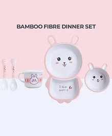 Polka Tots Bamboo Fiber Kids Crockery Set 5 Pieces Dinner Set Eco Friendly Bamboo Bunny Themed - White and Pink