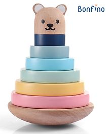 Bonfino 7 pcs Premium Wooden Teddy Bear Colorful Stacking Ring| 6 Rings, 1 Bear face, and 1 Shaking Base| Non-Toxic| Organic & Safe|  BIS Certified| 12 Months+