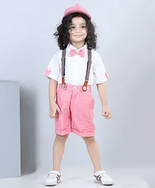 AJ Dezines Half Sleeves Suspender Shirt With Checkered Shorts & Coordinating Bow & Cap - White & Pink