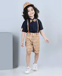AJ Dezines Half Sleeves Suspender Shirt With Checkered Shorts & Coordinating Bow & Cap - Brown