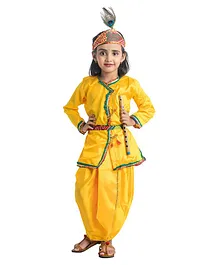 Bhartiya Paridhan Silk Woven Full Sleeves Kurta Solid With Dhoti & Bansuri Mukut With Belt - Yellow