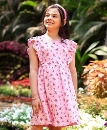 Hola Bonita Ruffle Knit Dress With Pockets Floral Print - Pink