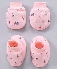 Simply Cotton Mittens And Booties Printed - Pink