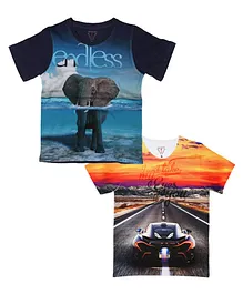 Wear Your Mind Pack Of 2 Half Sleeves Elephant & Fast Car Printed Tee - Navy Blue & Multi Color