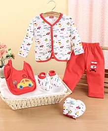 Babyhug Clothing Gift Set Car Theme Red & White - Pack of 5