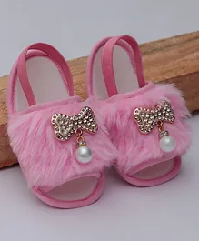 Daizy Bow & Pearl Applique Fur Booties - Baby Pink