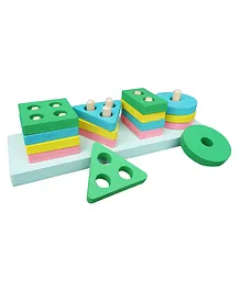 Voolex  Wooden Shapes Geometric Board Blocks Sorting And Stacking Toys for Kids 4 Columns with 16 Pieces - Multicolour
