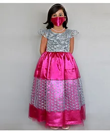 HEYKIDOO Cap Sleeves Checkered Floral Embroidered Tiered Gown With Matching Mask- Pink
