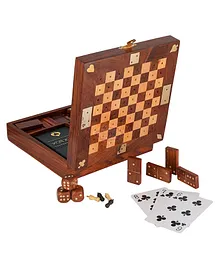 Shriji Crafts Unique Handmade Wooden Chess Game Family Board Game with 28 Dominoes 5 Wooden Dice with Playing Card Holder - Multicolour