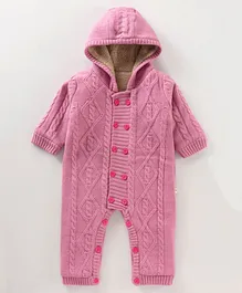 Yellow Apple Full Sleeves Cable Knit Winter Wear Hooded Romper Solid Colour - Pink