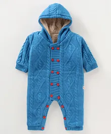 Yellow Apple Full Sleeves Cable Knit Winter Wear Hooded Romper Solid Colour - Blue