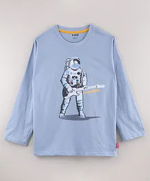 Fido Cotton Knit Full Sleeves T Shirt Astronaut Print - Sky Blue