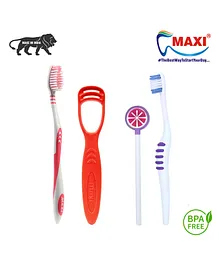 Maxi Mommy And Baby Oval Grip Toothbrush & Tongue Cleaner Oral Care Combo - Multicolor