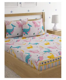 HOSTA HOMES 280 GSM Glaced Cotton Double Size Bedsheet With 2 Pillow Covers Whale Print - Multicolor