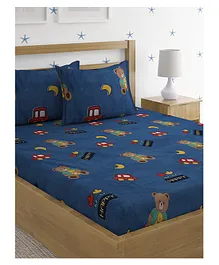HOSTA HOMES 280 GSM Glaced Cotton Double Size Bedsheet With 2 Pillow Covers Teddy & Cars Print - Multicolor