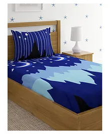 HOSTA HOMES 280 GSM Glaced Cotton Single Bed Sheet With 1 Pillow Cover Moons & Stars Print - Multicolor