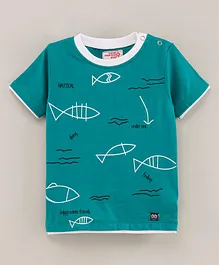 Under Fourteen Only Half Sleeves Sea Theme Text With Fish Printed Tee - Green