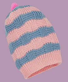 Little Angels Striped Round Cap With Pom Pom - Pink & Blue