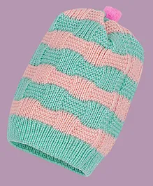 Little Angels Striped Round Cap With Pom Pom - Green & Pink